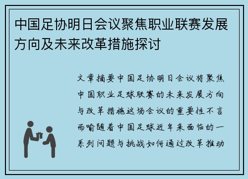 中国足协明日会议聚焦职业联赛发展方向及未来改革措施探讨