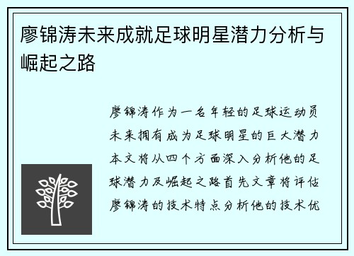 廖锦涛未来成就足球明星潜力分析与崛起之路