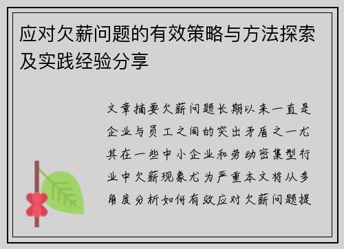 应对欠薪问题的有效策略与方法探索及实践经验分享