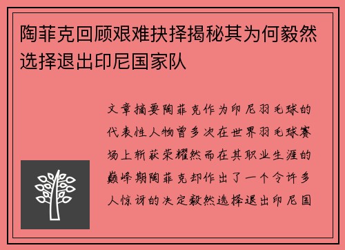陶菲克回顾艰难抉择揭秘其为何毅然选择退出印尼国家队